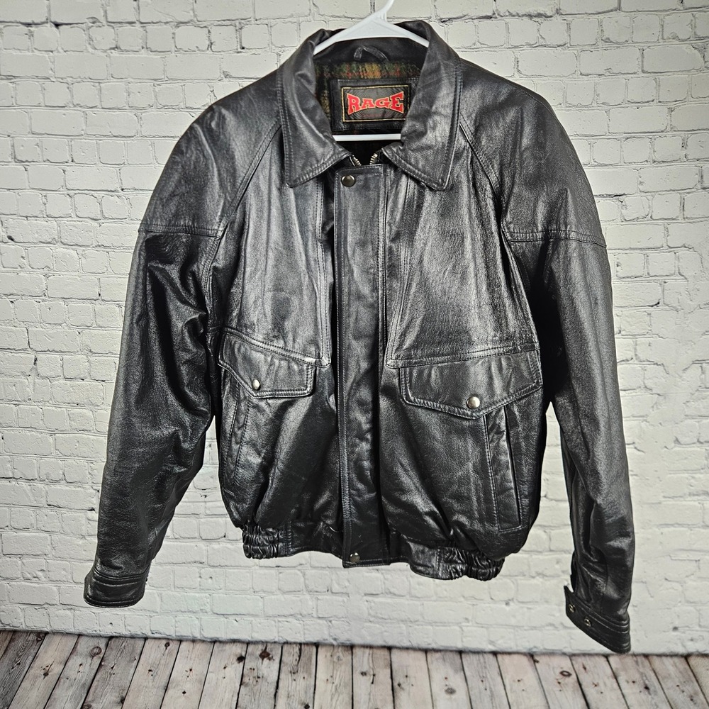 Rage Authentics Mens Black Leather Bomber Jacket Plaid Lined Vintage Style M